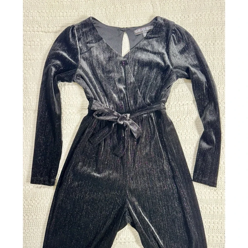 Three Pink Hearts Black Shimmer Jumpsuit Girls Size Small Holiday Party Formal